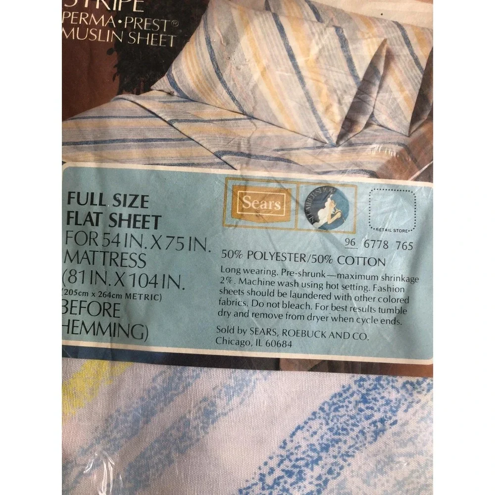Vintage SEARS MISTY‎ STRIPE Full Flat Sheet New in Package Perm Press Muslin 70s